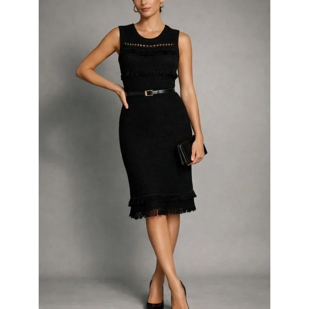 J. Crew Black Cotton Knit Fringe Sheath Sweater Dress Size XS